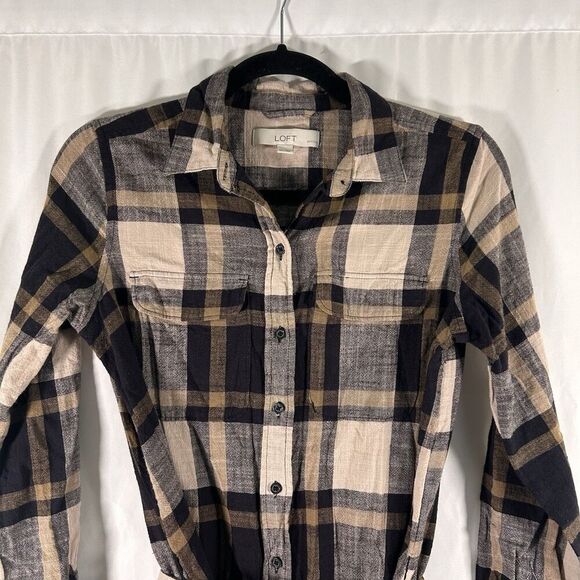 LOFT Knee Length Dress Women's Small Petite Brown Blue Plaid Button Up Tie Waist - Picture 2 of 7